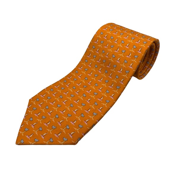 Salvatore Ferragamo Silk Tie – Orange Novelty Print Made in Italy Like New